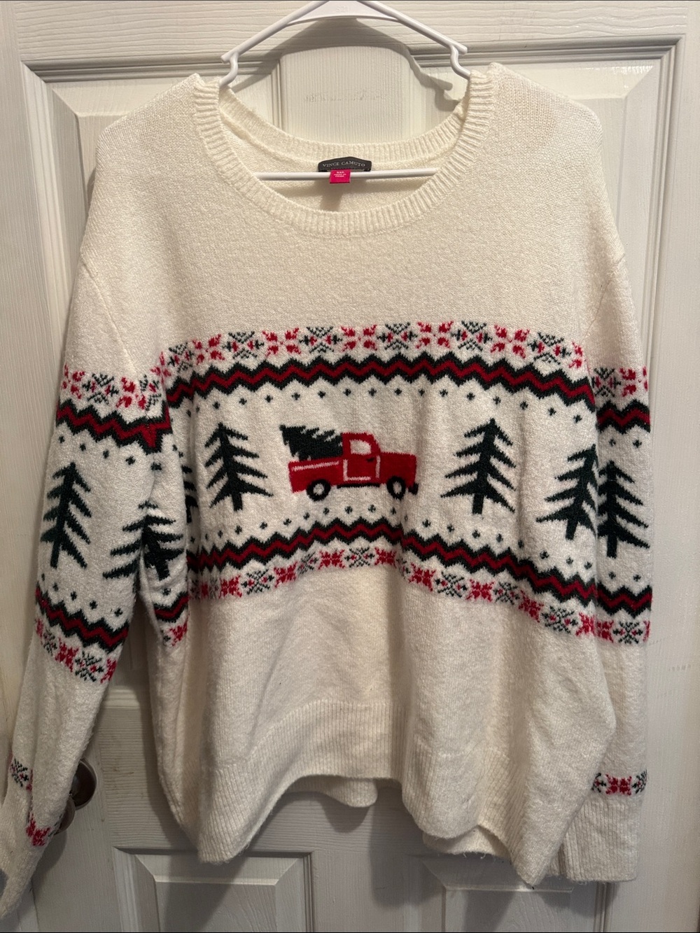 Vince Camuto XXL Christmas Red Truck Tree Sweater - Ivory Fair Isle Pullover